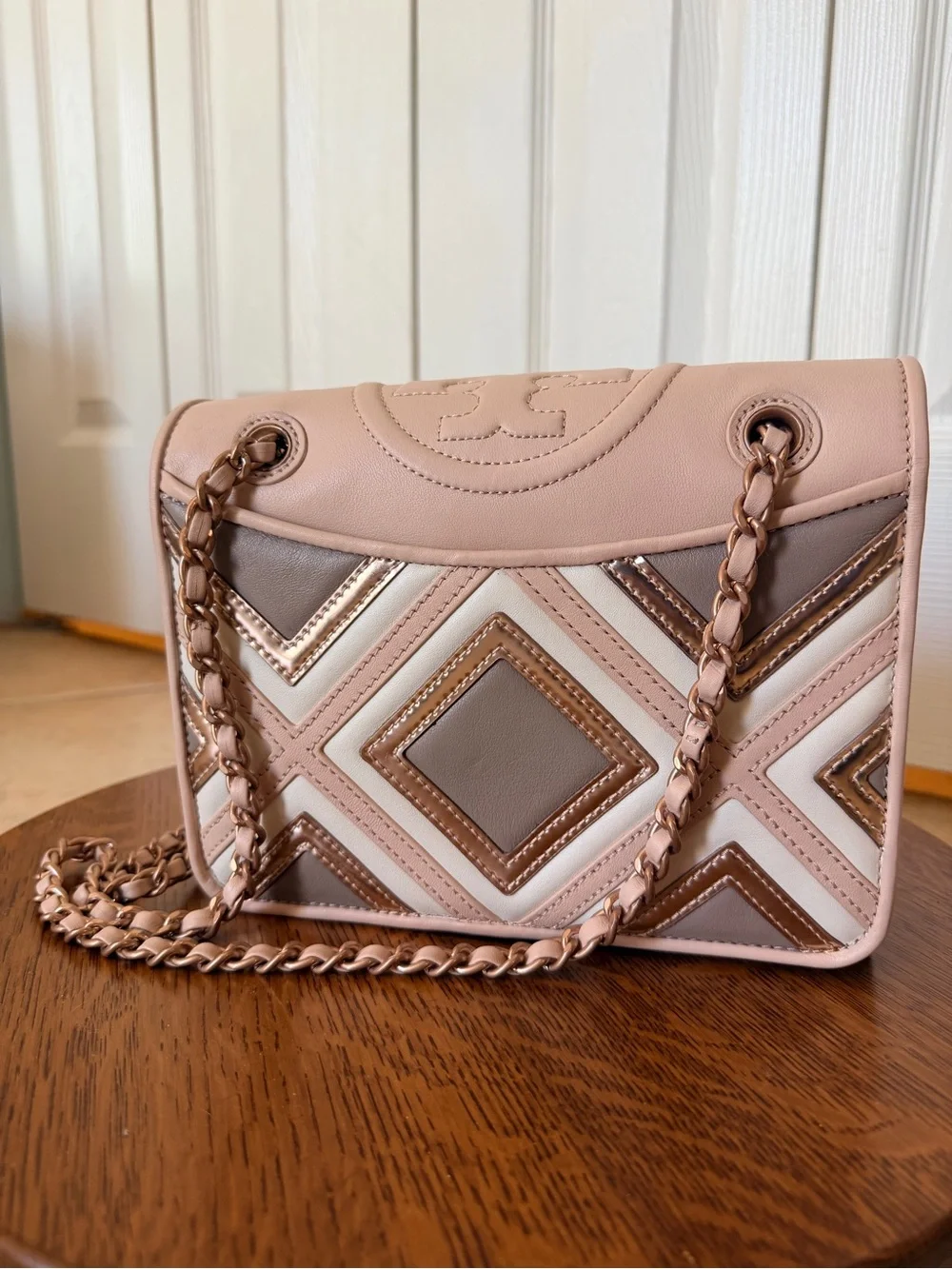 Tory Burch Pink, Taupe & Cream Quilted Chain Shoulder Bag
